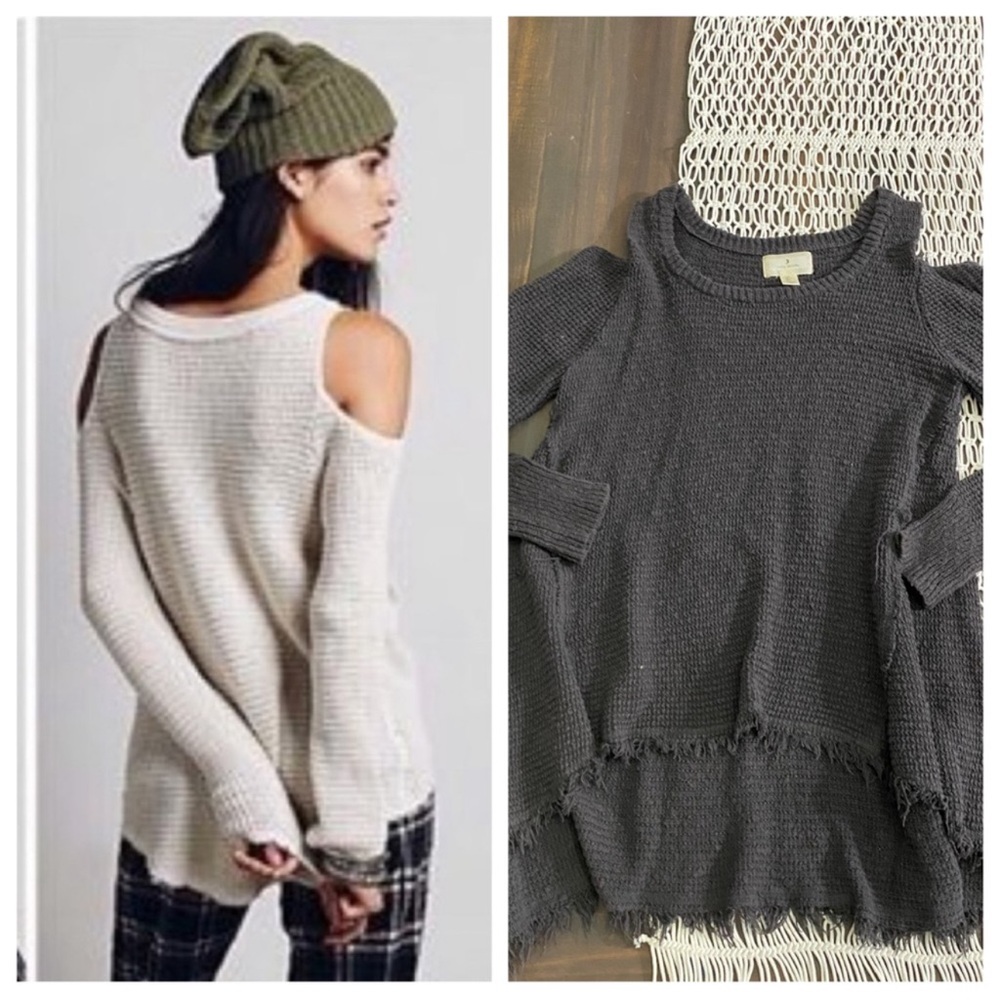 Ruby Moon cold shoulder frayed hem sweater charcoal Anthropologie